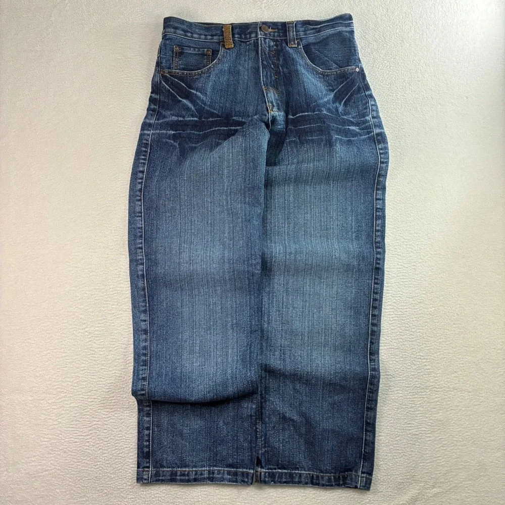 Y2K Second Skin Baggy Jeans Men 34x33 Blue Faded Whiskered Loose Straight Skater